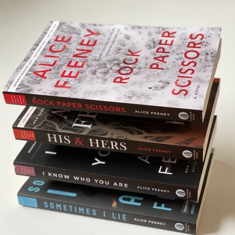 Stylized photo of a stack of Alice Feeney books